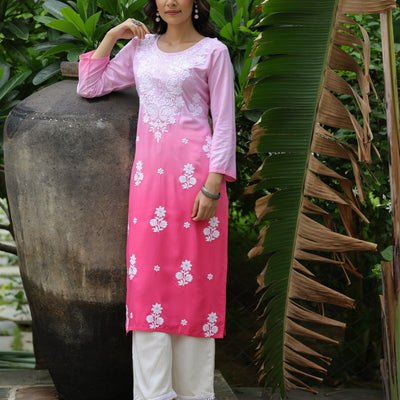 Blue Ombre Dyed & Chikankari Embroidered Straight Fit Kurta - Pink