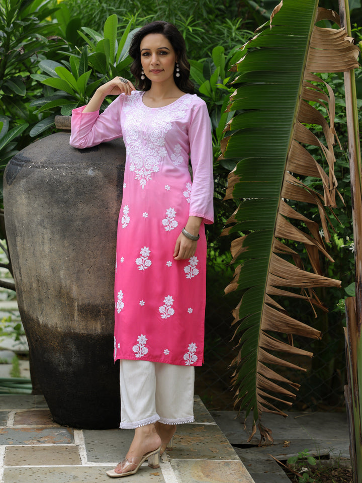 Blue Ombre Dyed & Chikankari Embroidered Straight Fit Kurta - Pink