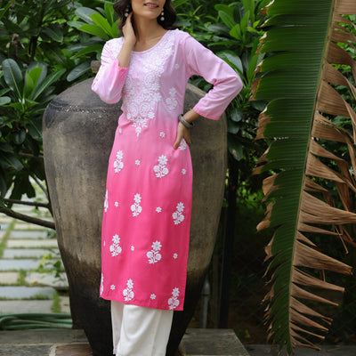 Blue Ombre Dyed & Chikankari Embroidered Straight Fit Kurta - Pink