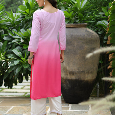 Blue Ombre Dyed & Chikankari Embroidered Straight Fit Kurta - Pink