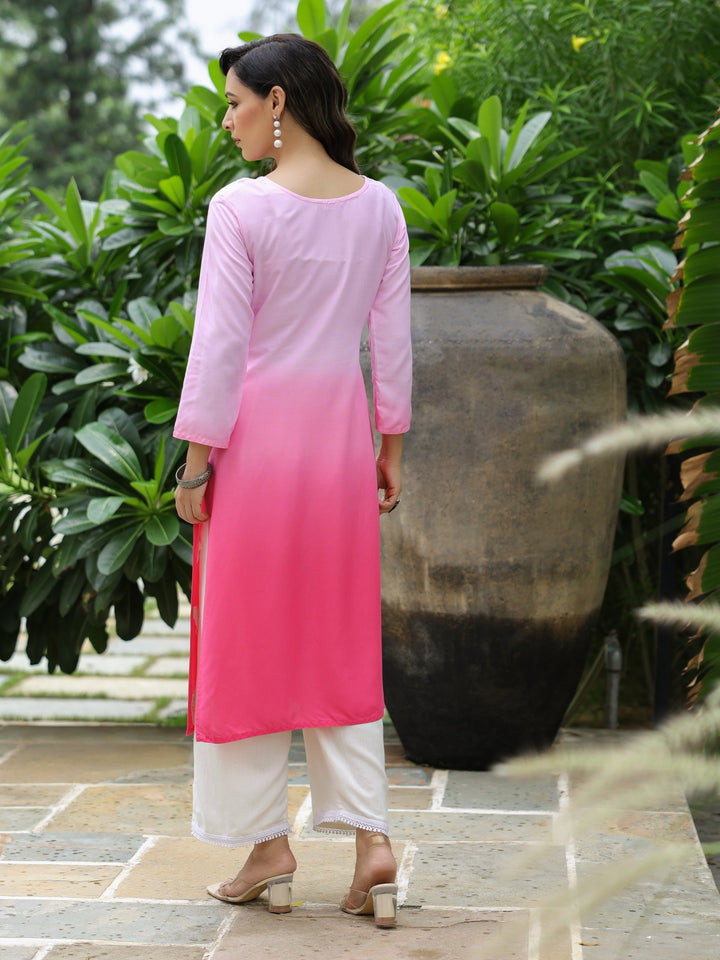 Blue Ombre Dyed & Chikankari Embroidered Straight Fit Kurta - Pink