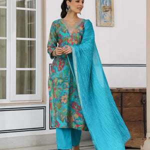 Floral Printed Zari & Sequins Embroidered Kurta with Pants & Dupatta - Turquoise Blue & Multi