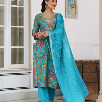 Floral Printed Zari & Sequins Embroidered Kurta with Pants & Dupatta - Turquoise Blue & Multi