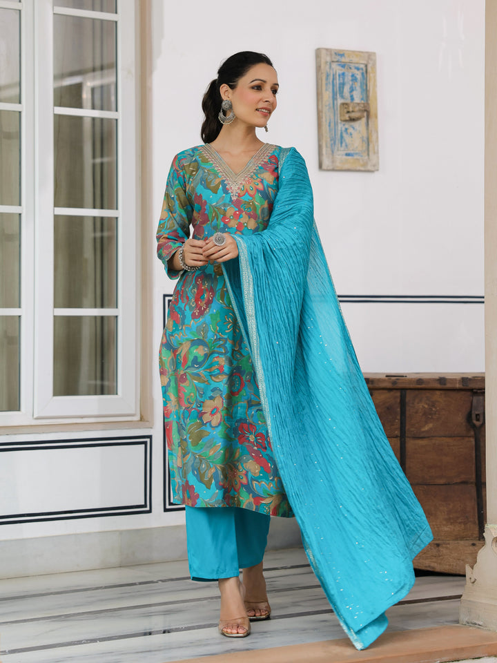 Floral Printed Zari & Sequins Embroidered Kurta with Pants & Dupatta - Turquoise Blue & Multi