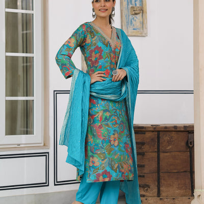 Floral Printed Zari & Sequins Embroidered Kurta with Pants & Dupatta - Turquoise Blue & Multi