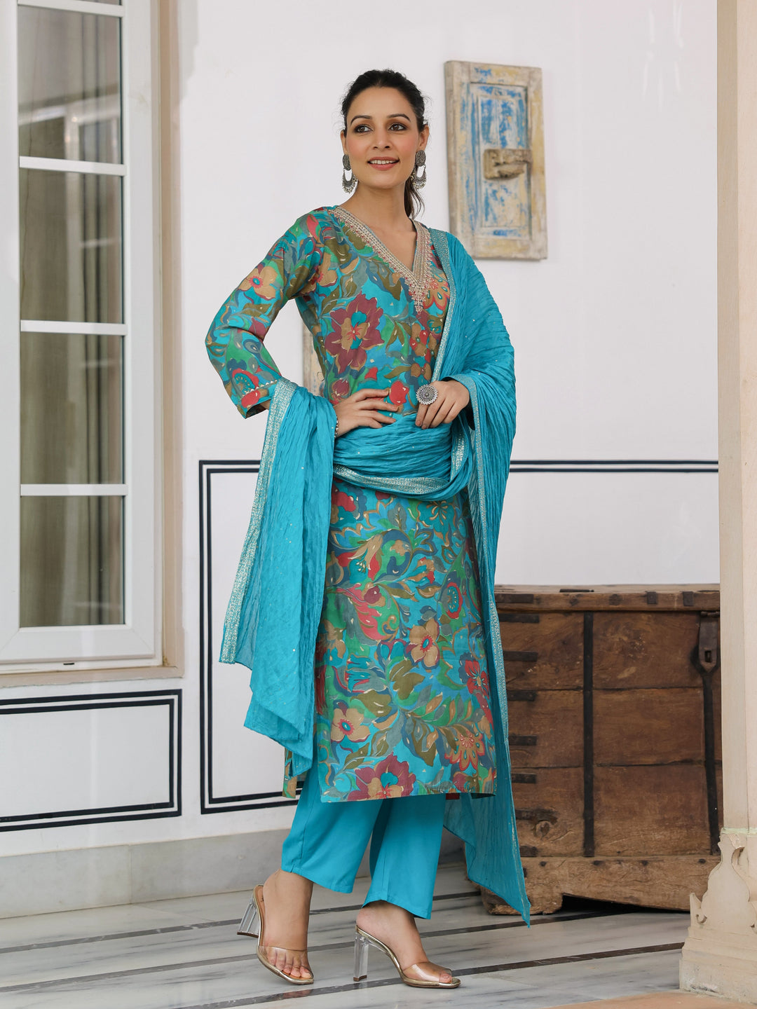 Floral Printed Zari & Sequins Embroidered Kurta with Pants & Dupatta - Turquoise Blue & Multi