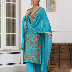 Floral Printed Zari & Sequins Embroidered Kurta with Pants & Dupatta - Turquoise Blue & Multi