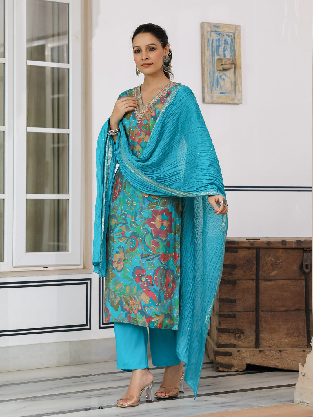 Floral Printed Zari & Sequins Embroidered Kurta with Pants & Dupatta - Turquoise Blue & Multi