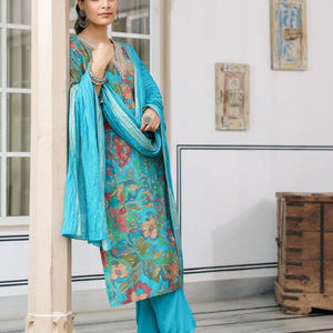 Floral Printed Zari & Sequins Embroidered Kurta with Pants & Dupatta - Turquoise Blue & Multi