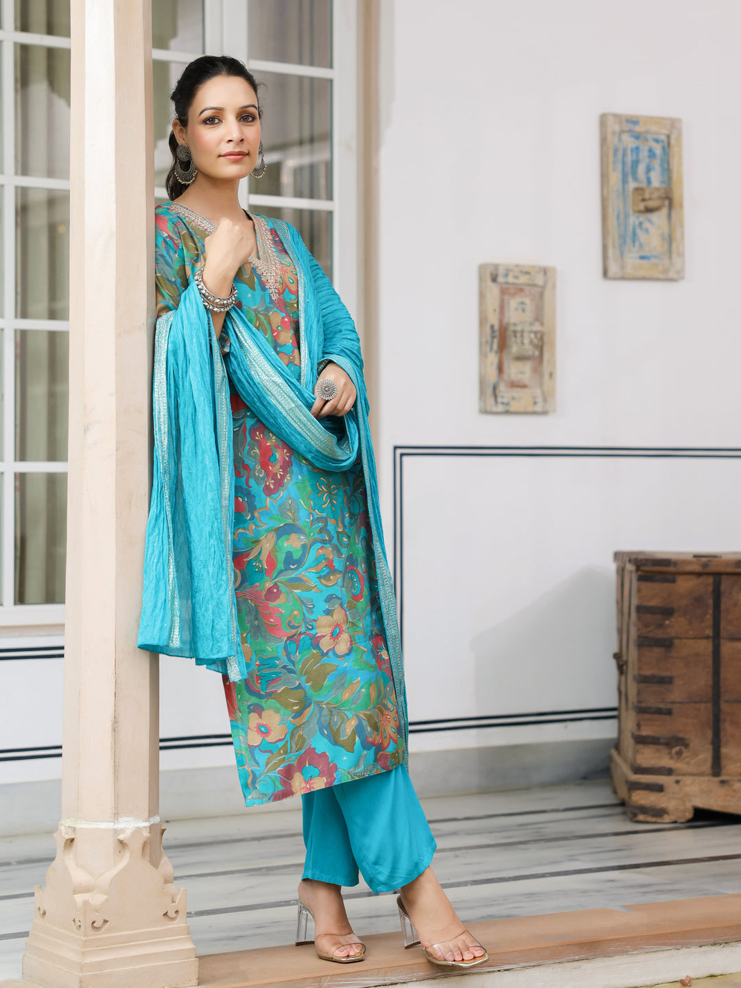 Floral Printed Zari & Sequins Embroidered Kurta with Pants & Dupatta - Turquoise Blue & Multi