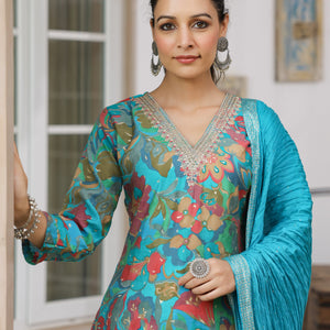 Floral Printed Zari & Sequins Embroidered Kurta with Pants & Dupatta - Turquoise Blue & Multi