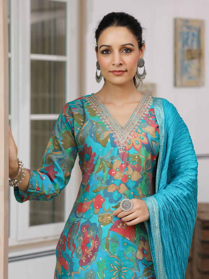 Floral Printed Zari & Sequins Embroidered Kurta with Pants & Dupatta - Turquoise Blue & Multi