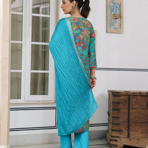 Floral Printed Zari & Sequins Embroidered Kurta with Pants & Dupatta - Turquoise Blue & Multi