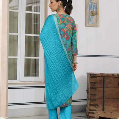 Floral Printed Zari & Sequins Embroidered Kurta with Pants & Dupatta - Turquoise Blue & Multi