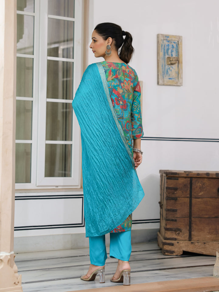 Floral Printed Zari & Sequins Embroidered Kurta with Pants & Dupatta - Turquoise Blue & Multi