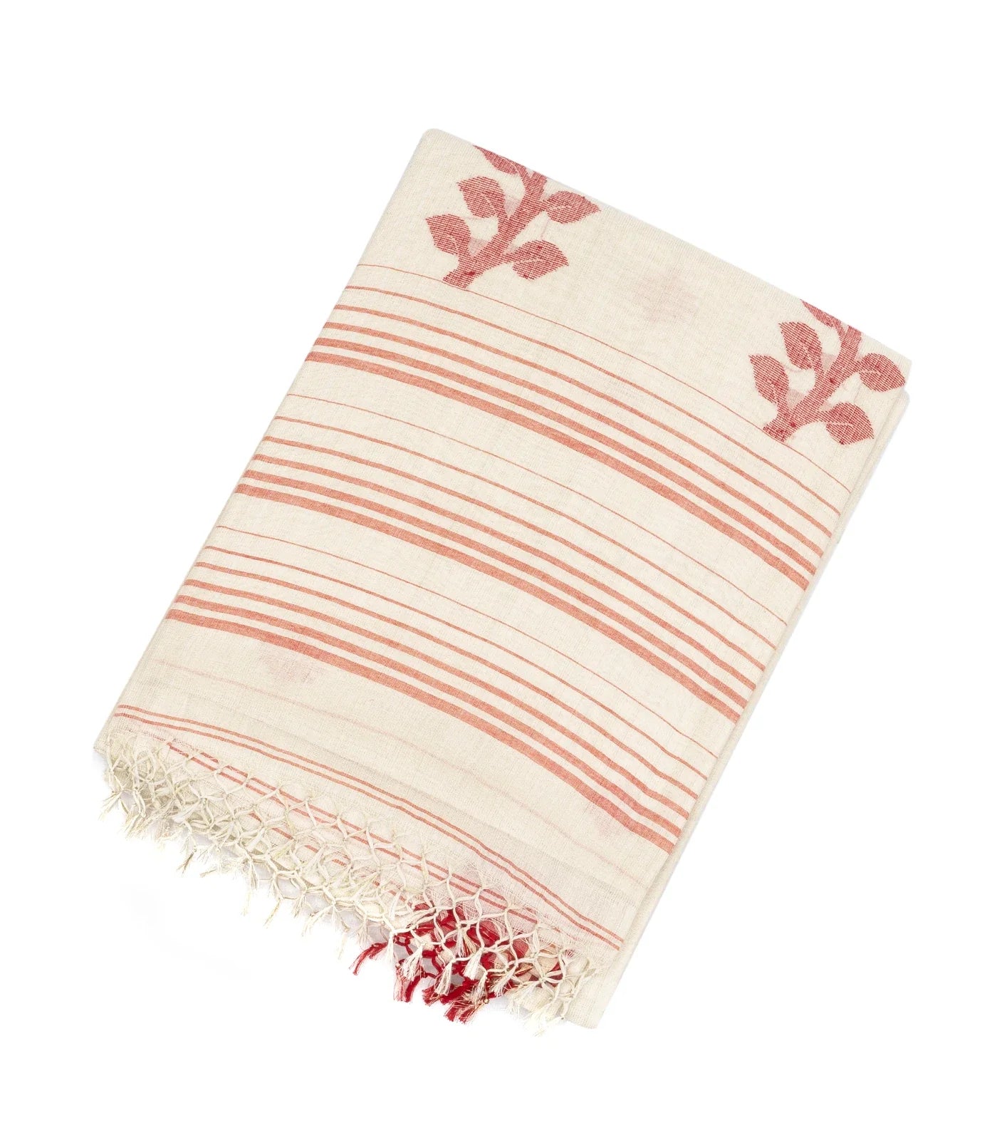 Off White Handloom Bengal Cotton Saree And Floral Buttas