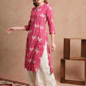 Abstract Floral Printed Straight Fit Kurta - Pink