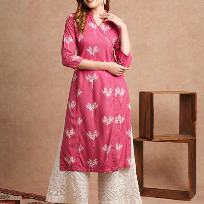 Abstract Floral Printed Straight Fit Kurta - Pink