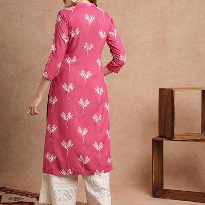 Abstract Floral Printed Straight Fit Kurta - Pink