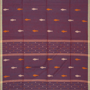 Lilac Handloom Bengal Cotton Saree With Fish Motifs