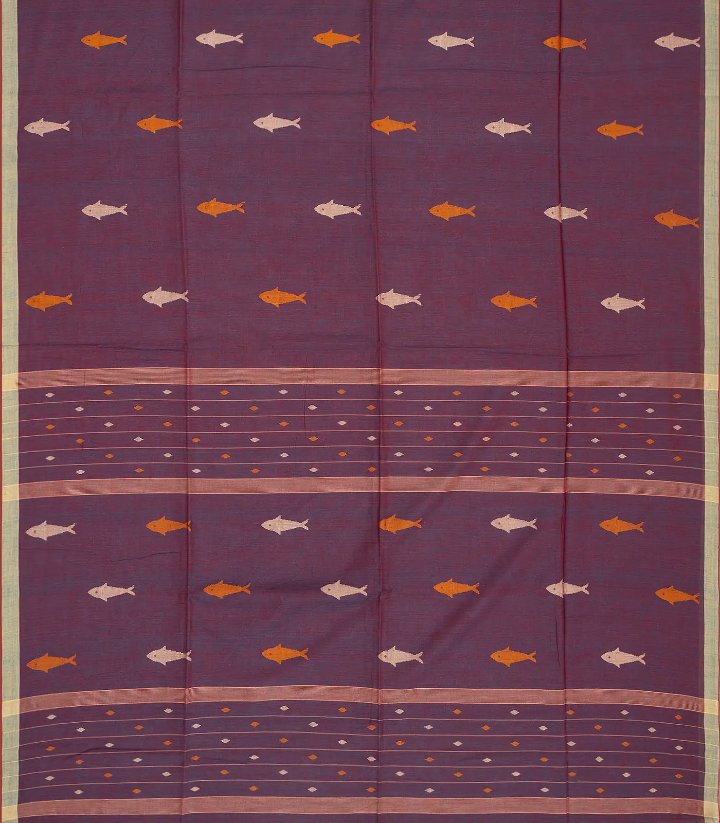 Lilac Handloom Bengal Cotton Saree With Fish Motifs