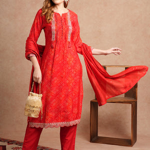 Bandhani Printed & Embroidered Straight Kurta with Pant & Dupatta - Red