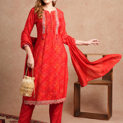 Bandhani Printed & Embroidered Straight Kurta with Pant & Dupatta - Red