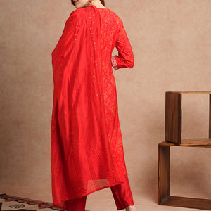 Bandhani Printed & Embroidered Straight Kurta with Pant & Dupatta - Red