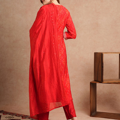 Bandhani Printed & Embroidered Straight Kurta with Pant & Dupatta - Red