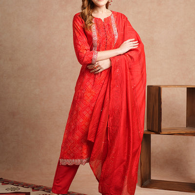 Bandhani Printed & Embroidered Straight Kurta with Pant & Dupatta - Red