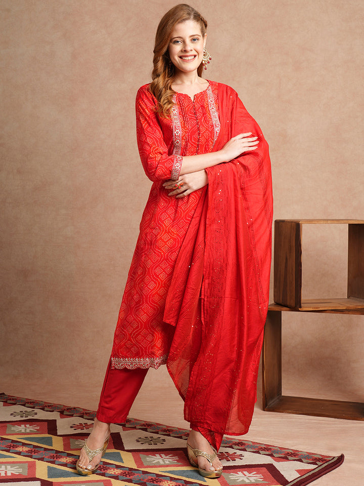 Bandhani Printed & Embroidered Straight Kurta with Pant & Dupatta - Red