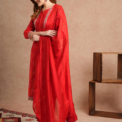 Bandhani Printed & Embroidered Straight Kurta with Pant & Dupatta - Red