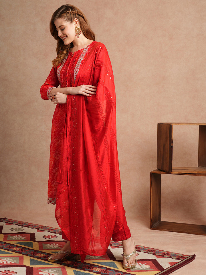 Bandhani Printed & Embroidered Straight Kurta with Pant & Dupatta - Red