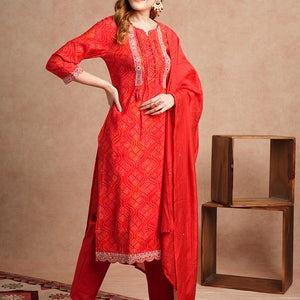 Bandhani Printed & Embroidered Straight Kurta with Pant & Dupatta - Red