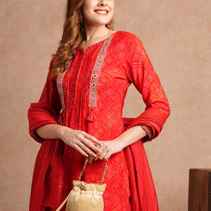Bandhani Printed & Embroidered Straight Kurta with Pant & Dupatta - Red