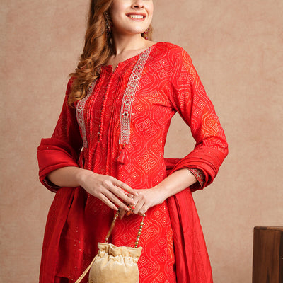 Bandhani Printed & Embroidered Straight Kurta with Pant & Dupatta - Red