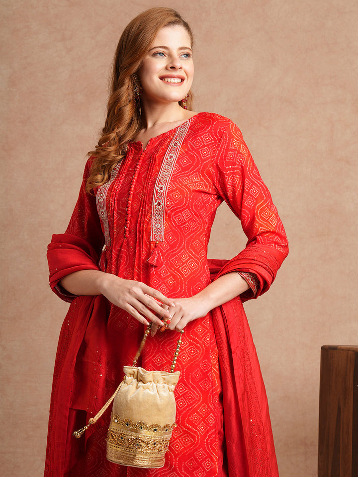 Bandhani Printed & Embroidered Straight Kurta with Pant & Dupatta - Red