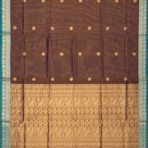 Dark Brown Handloom Silk Cotton Saree With Yazhi Buttas