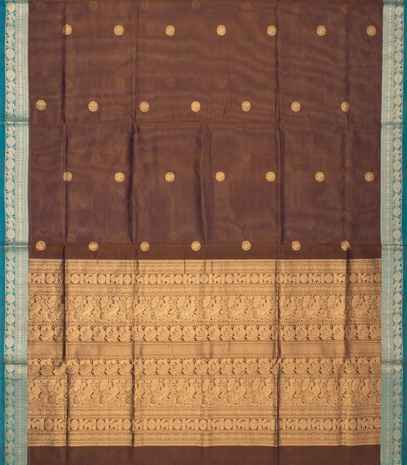 Dark Brown Handloom Silk Cotton Saree With Yazhi Buttas
