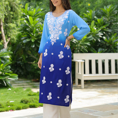 Blue Ombre Dyed & Chikankari Embroidered Straight Fit Kurta - Blue