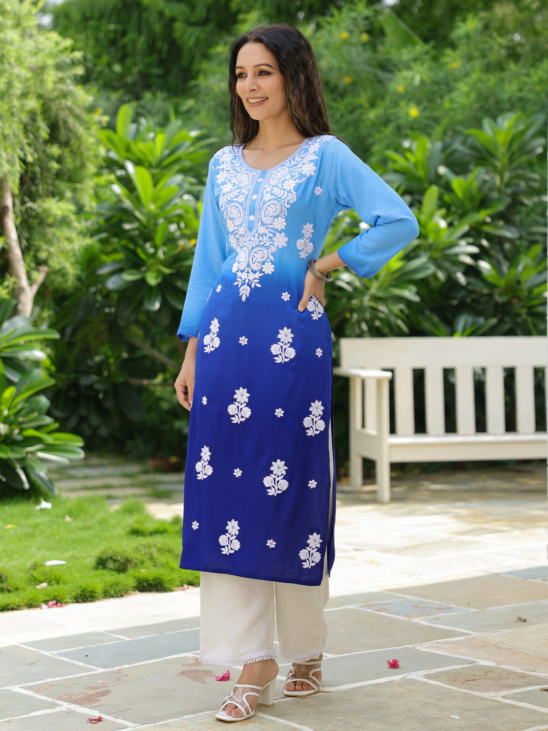 Blue Ombre Dyed & Chikankari Embroidered Straight Fit Kurta - Blue