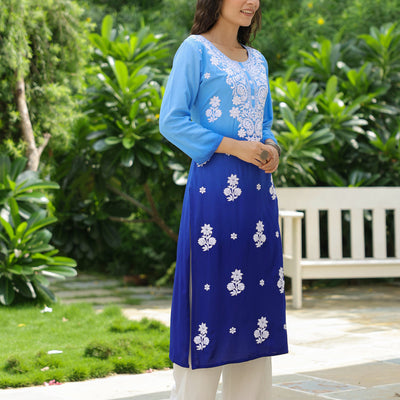 Blue Ombre Dyed & Chikankari Embroidered Straight Fit Kurta - Blue