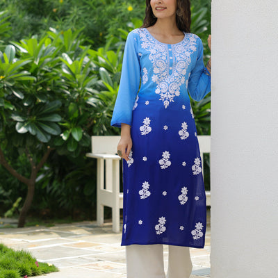 Blue Ombre Dyed & Chikankari Embroidered Straight Fit Kurta - Blue