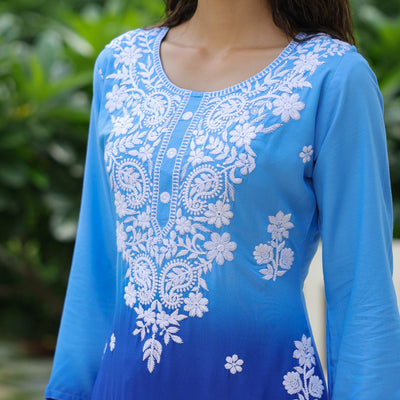 Blue Ombre Dyed & Chikankari Embroidered Straight Fit Kurta - Blue