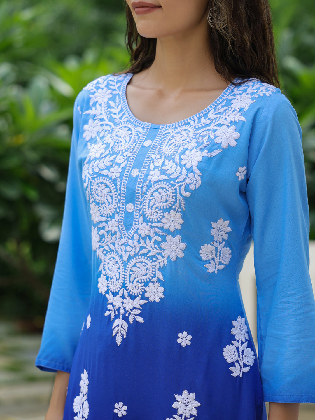 Blue Ombre Dyed & Chikankari Embroidered Straight Fit Kurta - Blue