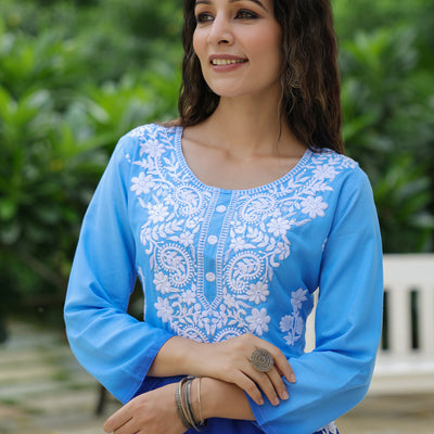 Blue Ombre Dyed & Chikankari Embroidered Straight Fit Kurta - Blue