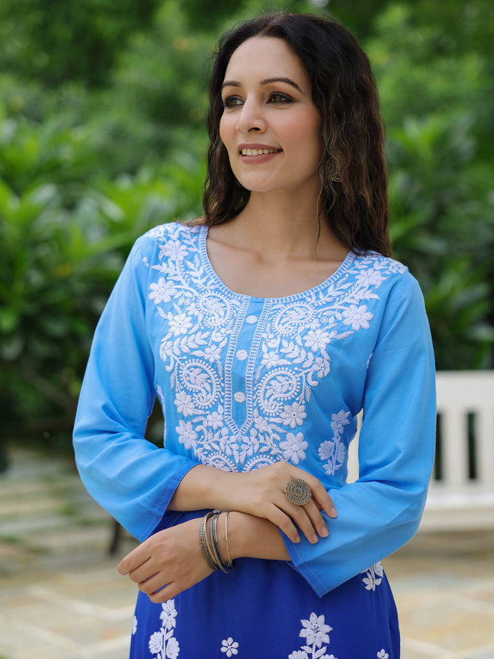 Blue Ombre Dyed & Chikankari Embroidered Straight Fit Kurta - Blue