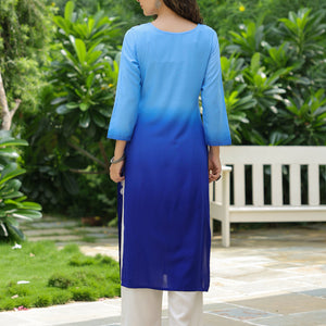 Blue Ombre Dyed & Chikankari Embroidered Straight Fit Kurta - Blue