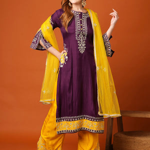 Solid Ethnic Zari Embroidered Straight Fit Kurta with Pant and Dupatta - Purple