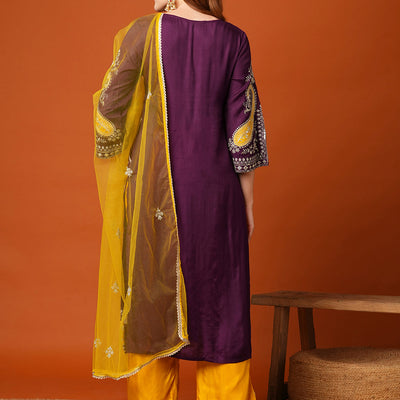Solid Ethnic Zari Embroidered Straight Fit Kurta with Pant and Dupatta - Purple